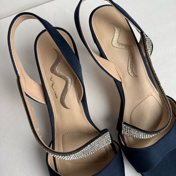 Nina Navy Blue Satin Asymmetrical Rhinestone Shoes Homecoming Sandals Heels Sz 8 - Picture 4 of 9